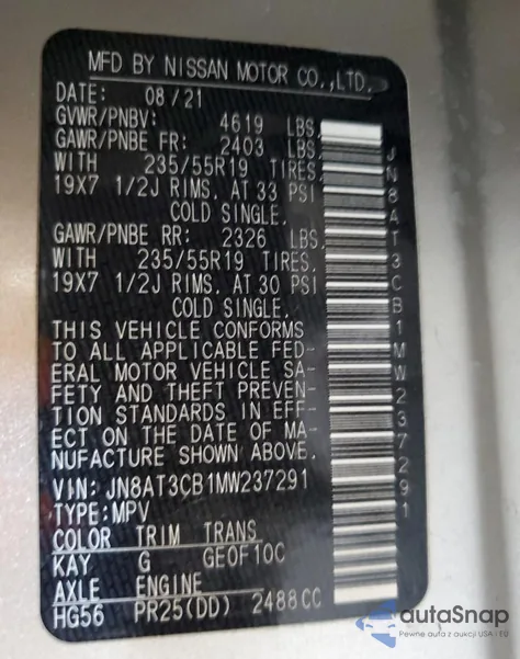 2021 Nissan Rogue Sl from USA, damaged, VIN JN8AT3CB1MW237291